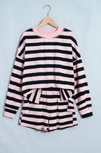 Load image into Gallery viewer, Pre-Order Pink Stripe Oversized Long Sleeve Top Elastic Waist Shorts Casual 2pcs Set