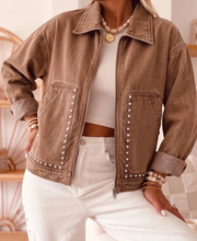 Load image into Gallery viewer, Pre-Order Coffee Studded Metal Zipper Rivet Pockets Long Sleeve Denim Jacket