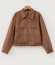 Load image into Gallery viewer, Pre-Order Coffee Studded Metal Zipper Rivet Pockets Long Sleeve Denim Jacket