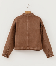 Load image into Gallery viewer, Pre-Order Coffee Studded Metal Zipper Rivet Pockets Long Sleeve Denim Jacket