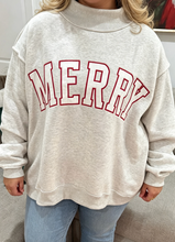 Load image into Gallery viewer, Pre-Order Gray MERRY Embroidered Letter High Neck Tunic Pullover Sweatshirt