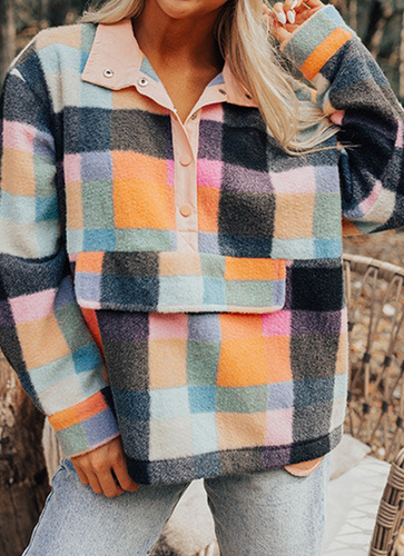 Black Plaid Print Pocketed Half Button Collared Sweatshirt