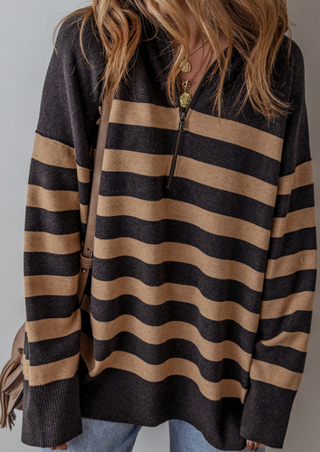 Pre-Order Stripe Collared Quarter Zipper Oversized Sweater