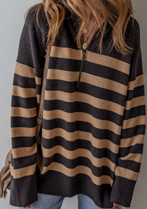 Pre-Order Stripe Collared Quarter Zipper Oversized Sweater