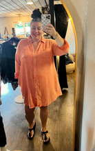 Load image into Gallery viewer, Orange Crinkled Dual Chest Pocket Oversized Shirt Dress