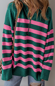 Pre-Order Stripe Collared Quarter Zipper Oversized Sweater