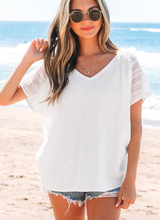 Load image into Gallery viewer, White Lace Crochet Textured Button Back V Neck T Shirt