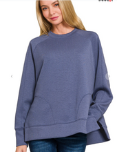 Load image into Gallery viewer, Black Friday SALE Blue Scuba Round Neck Pullover with Side Slits
