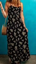 Load image into Gallery viewer, Black Floral Spaghetti Strap Shirred Bodice Tied Empire Waist Maxi Dress