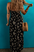 Load image into Gallery viewer, Black Floral Spaghetti Strap Shirred Bodice Tied Empire Waist Maxi Dress