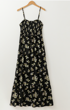 Load image into Gallery viewer, Black Floral Spaghetti Strap Shirred Bodice Tied Empire Waist Maxi Dress