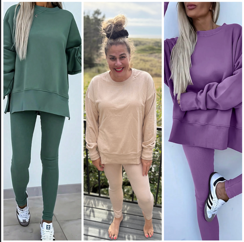 Pre-Order Jet Stream Solid Color Oversize Slit Sweatshirt Ribbed Leggings 2pcs Set