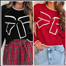 Load image into Gallery viewer, Pre-Order Contrast Trim Big Bow Accent Holiday Cropped Sweater