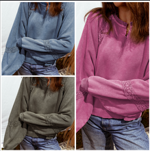 Load image into Gallery viewer, Pre-Order  Lace Patchwork Detail Notched Neck Mineral Wash Baggy Sweatshirt