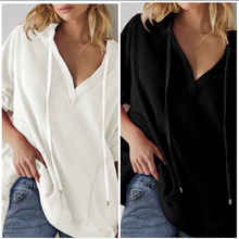 Load image into Gallery viewer, Pre-Order Oversize Waffle Drop Shoulder Exposed Seam V Neck Hoodie with Pockets