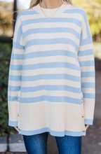 Load image into Gallery viewer, Pre-Order Stripe Ribbed Buttoned Detail Drop Shoulder Tunic Sweater