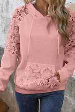 Load image into Gallery viewer, Pre-Order Smoke Green Lace Patchwork Raglan Sleeve Kangaroo Pocket Waffle Hoodie
