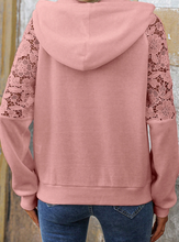 Load image into Gallery viewer, Pre-Order Smoke Green Lace Patchwork Raglan Sleeve Kangaroo Pocket Waffle Hoodie