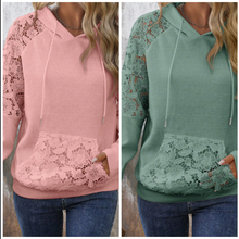 Load image into Gallery viewer, Pre-Order Smoke Green Lace Patchwork Raglan Sleeve Kangaroo Pocket Waffle Hoodie