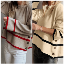 Load image into Gallery viewer, Pre-Order Ribbed Knit Contrasted Stripe Detail Button Side Loose Sweater