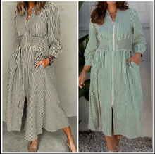 Load image into Gallery viewer, Pre-Order Stripe V Neck Zip Front Cinched High Waist Midi Dress