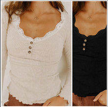 Load image into Gallery viewer, Pre-Order  Lace Neckline Button Decor Lettuce Edge Long Sleeve Ribbed Tops