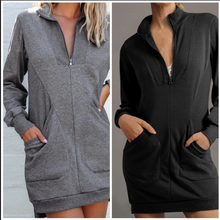 Load image into Gallery viewer, Pre-Order Zip up Collared Ribbed Patchwork Sweatshirts Dress with Pockets