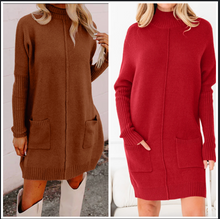 Load image into Gallery viewer, Pre-Order  Ribbed High Neck Front Pockets Center Seam Shift Sweater Dresses