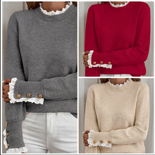Load image into Gallery viewer, Pre-Order Sleet Lace Trim Patchwork Buttoned Cuffs Loose Sweater