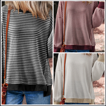 Load image into Gallery viewer, Pre-Order Stripe Ribbed Trim Drop Shoulder Long Sleeve Oversize Tops