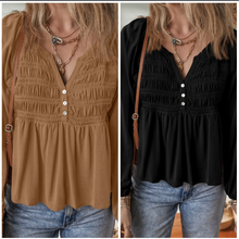 Load image into Gallery viewer, Pre-Order Smocked Bust Buttoned Split V Neck Flow Fit Blouse