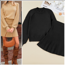 Load image into Gallery viewer, Pre-Order High Neck Puff Sleeve Sweater Pleated Mini Skirt 2pcs Knitted Outfit