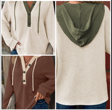 Load image into Gallery viewer, Pre-Order Waffle Contrast Half Buttoned Hooded Pullover Top