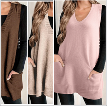 Load image into Gallery viewer, Pre-Order Ribbed Deep V Neckline Front Pocketed Loose Tunic Sweater Vest