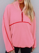Load image into Gallery viewer, Pre-Order Strawberry Pink Sherpa Contrast Faux Leather Trim Half Zip Pocketed Pullover Sweatshirt