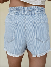Load image into Gallery viewer, Pre-Order Sky Blue Stripe Raw Edge Drawstring Elastic Waist Casual Denim Shorts