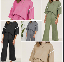 Load image into Gallery viewer, Pre-Order Contrast Trim Half Sleeve Top Drawstring Pants Loose 2pcs Sweater Suits