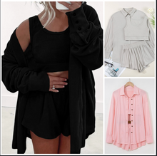Load image into Gallery viewer, Pre-Order 3 Pcs Crop Tank Top Shorts with Cardigan Lounge Sets