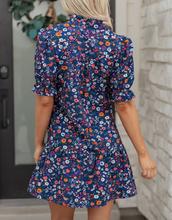 Load image into Gallery viewer, Pre-Order Blue Wild Daisy Floral Split Neck Short Puff Sleeve Mini Dress