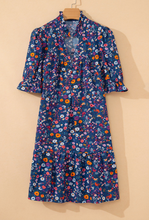 Load image into Gallery viewer, Pre-Order Blue Wild Daisy Floral Split Neck Short Puff Sleeve Mini Dress