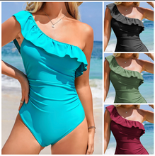Load image into Gallery viewer, Pre-Order Solid Color Ruffle Trim Asymmetric Neck One Piece Swimsuits