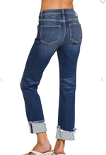 Load image into Gallery viewer, Pre-Order Cuffed Distressed Hem Denim Pants Dark Wash