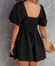 Load image into Gallery viewer, Pre-Order Black Square Neck Ruched Puff Sleeve Romper