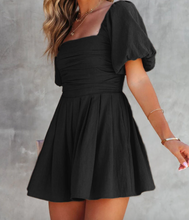 Load image into Gallery viewer, Pre-Order Black Square Neck Ruched Puff Sleeve Romper