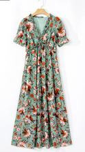 Load image into Gallery viewer, Pre-Order Green Fiery Red Floral Print Frilled V Neck Short Sleeve Maxi Dress (Copy)