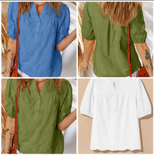 Load image into Gallery viewer, Pre-Order Lace Crochet V Neck Half Sleeve Embroidery Button Down Blouses Casual Shirts