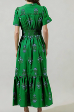 Load image into Gallery viewer, Pre-Order Green Floral Print Split Neck Shirred High Waist Ruffle Hem Maxi Dress