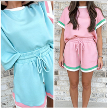 Load image into Gallery viewer, Pre-Order Striped Trim Casual Tee Drawstring Shorts 2pcs Set