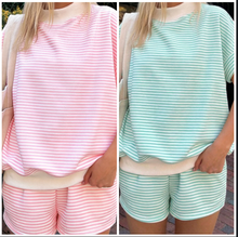 Load image into Gallery viewer, Pre-Order Stripe Cuffed Sleeve Contrast Mock Neck Tee Casual 2pcs Short Sets