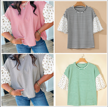 Load image into Gallery viewer, Pre-Order Stripe Floral Puff Sleeve Patchwork Round Neck Loose Tops